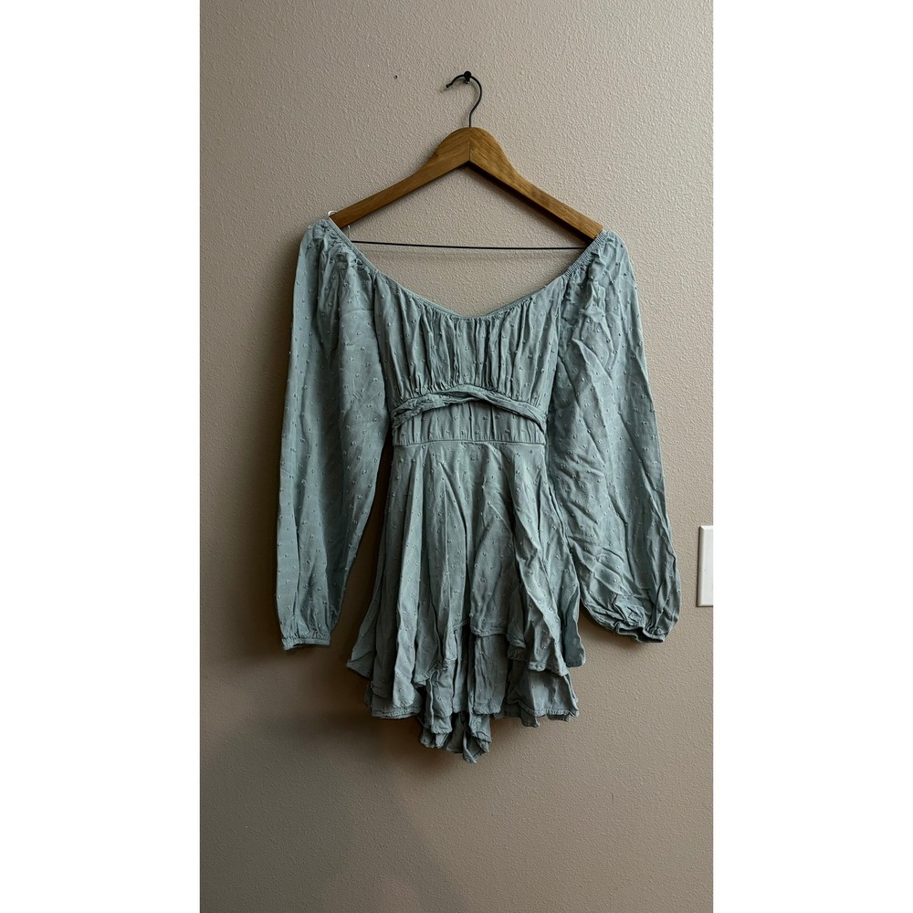 Altar'd State Babydoll Dress M Sage Green Clip Dot Ruffle Off Shoulder Tie Back